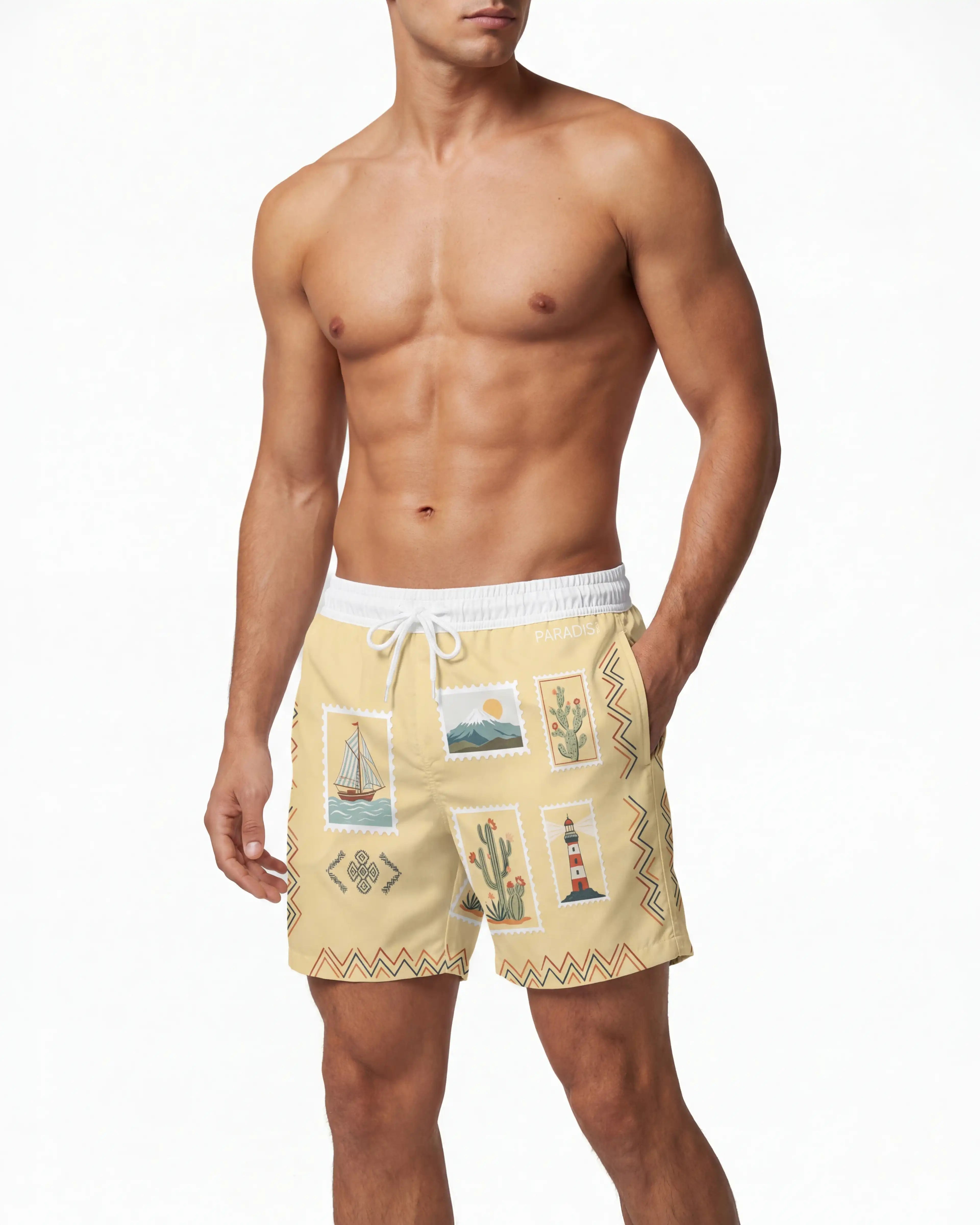 Lemon Haze Postcard Swim Shorts | PARADIS SVP | Beach Shorts