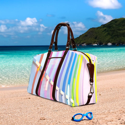 Beach bag with colorful vertical lines by PARADIS SVP - paradissvp.com