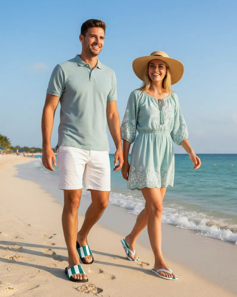 Man and woman walking on a beach wearing stiped teal flip flops and slides by PARADIS SVP