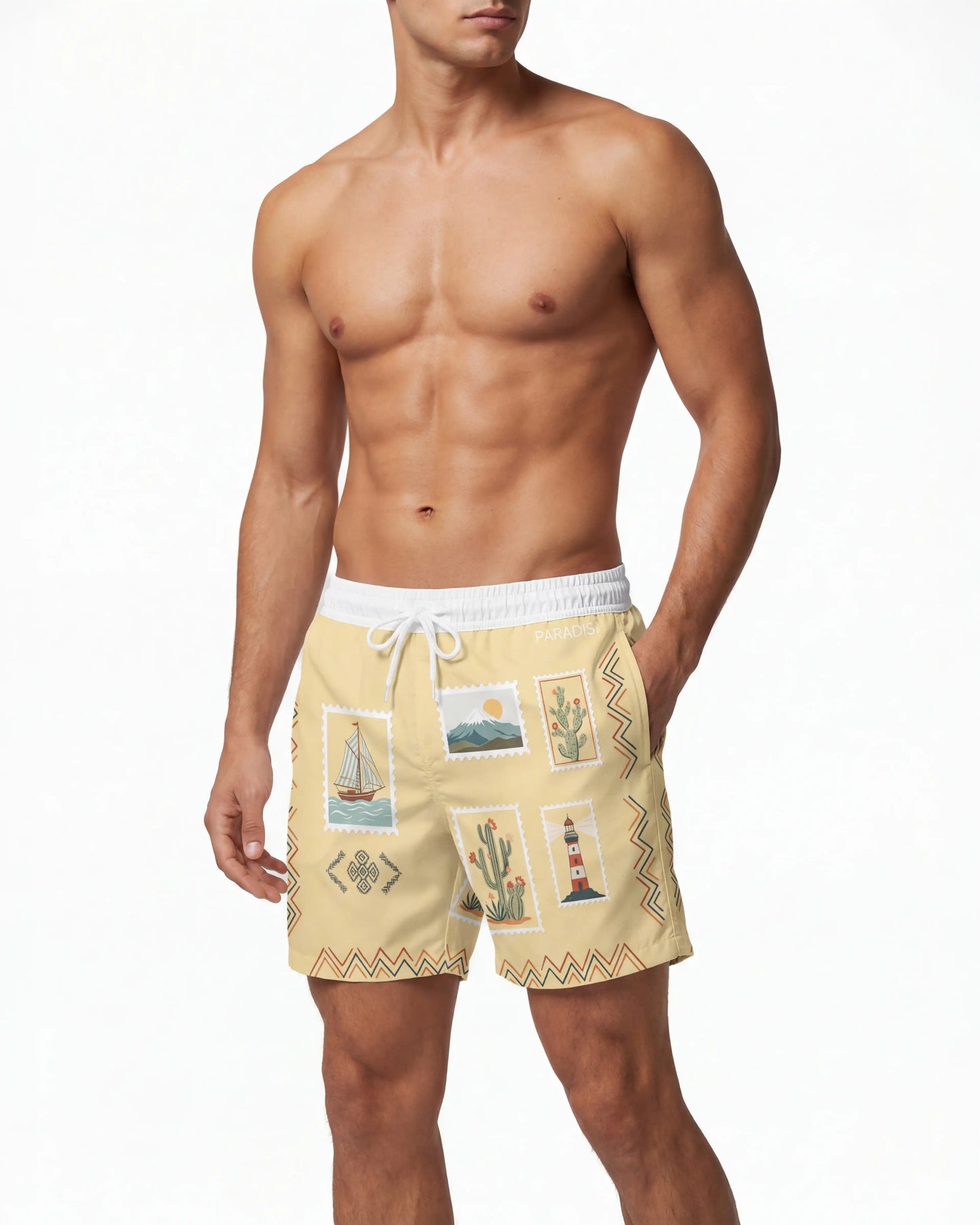Man wearing yellow swim shorts with postcard graphics on a white background