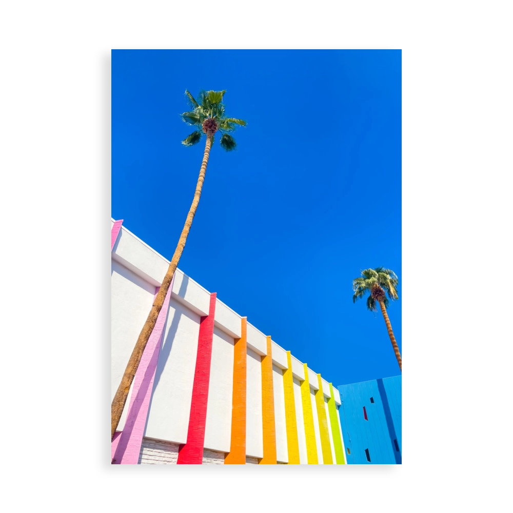 Poster showcasing two palm trees in front of a white, blue building with rainbow colored columns by Andrew Atamian - PARADIS SVP