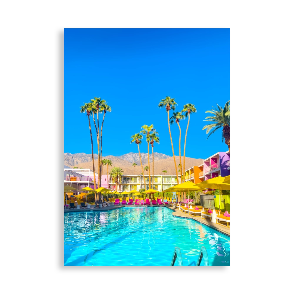 Poster showcasing Palm Springs mountain with pool resort , colourful hotel building and palm trees at the Saguaro Hotel by Andrew Atamain - PARADIS SVP