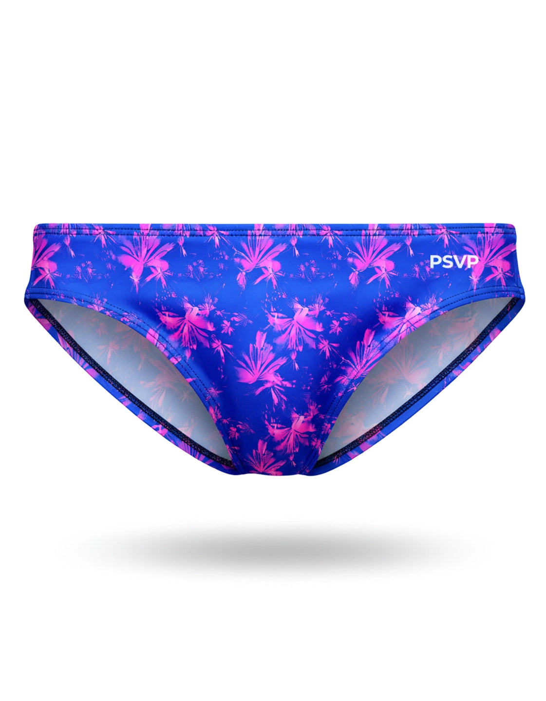 Front view of speedo-style swim brief featuring a blue and pink floral pattern on a white background by PARADIS SVP