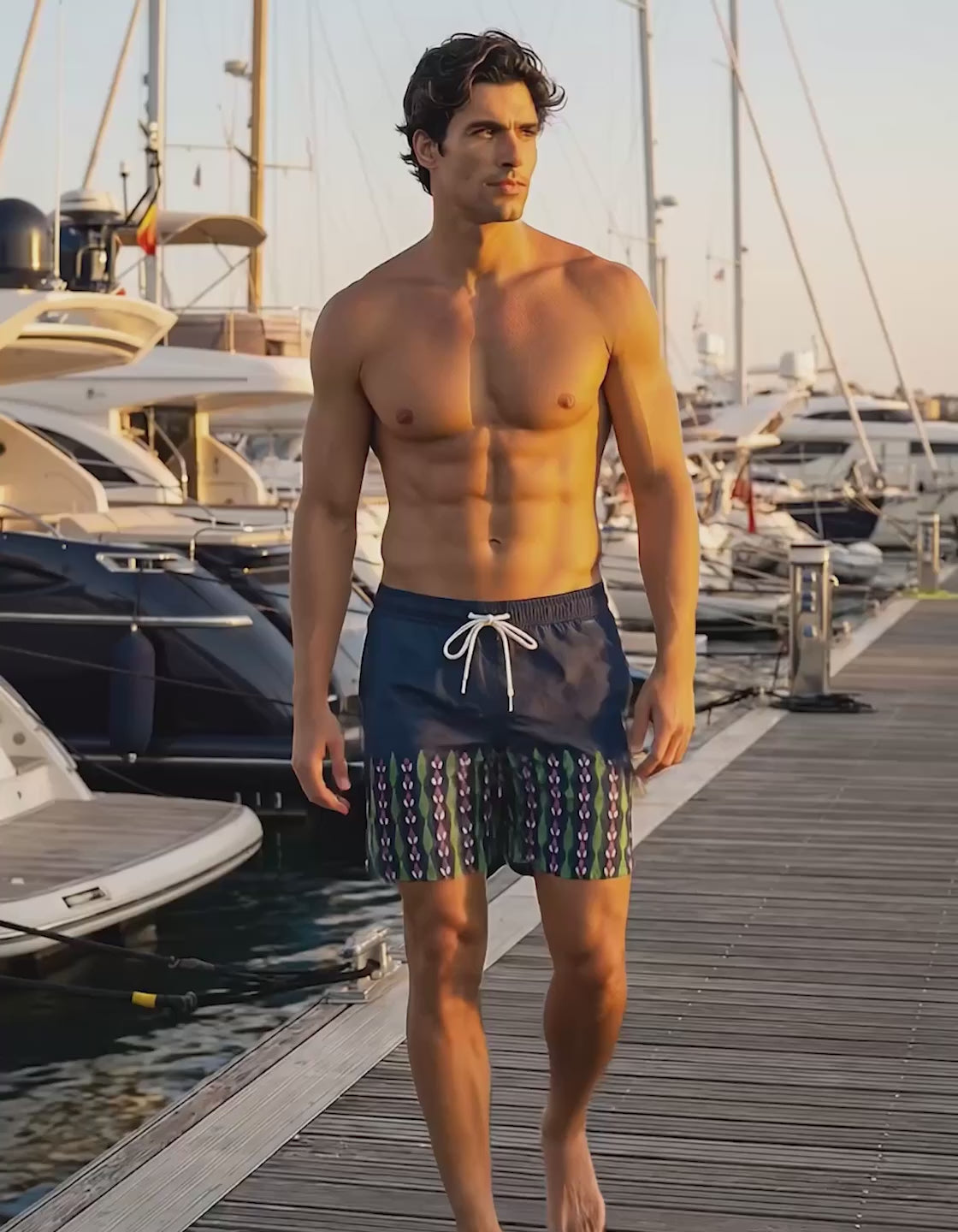 Man wearing a PARADIS SVP navy swim shorts with green, yellow and pink pattern of leaves and flower at a boat dock